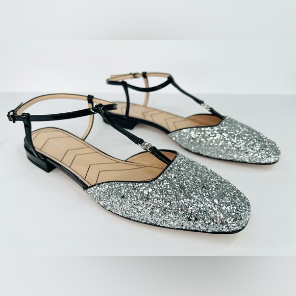 GUCCI PETITE GG SLINGBACK SILVER GLITTER PATENT CHARLOTTE FLATS SIZE EU 40 - Picture 1 of 9